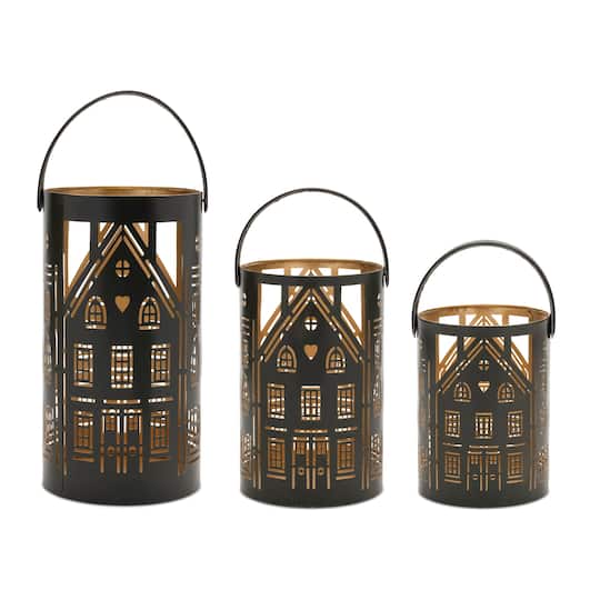 Punched Metal House Lantern Set